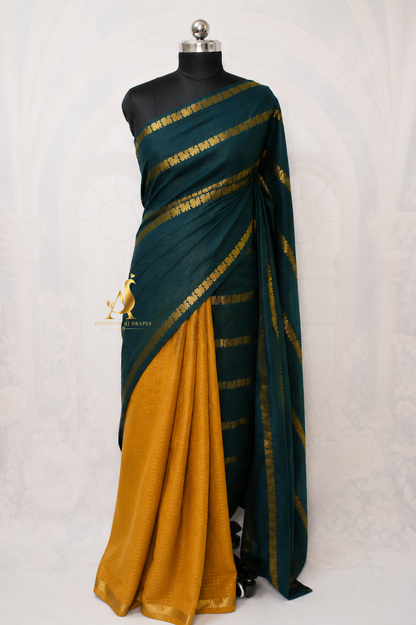 Green | Mustard Yellow - Half and Half Madurai Cotton Saree