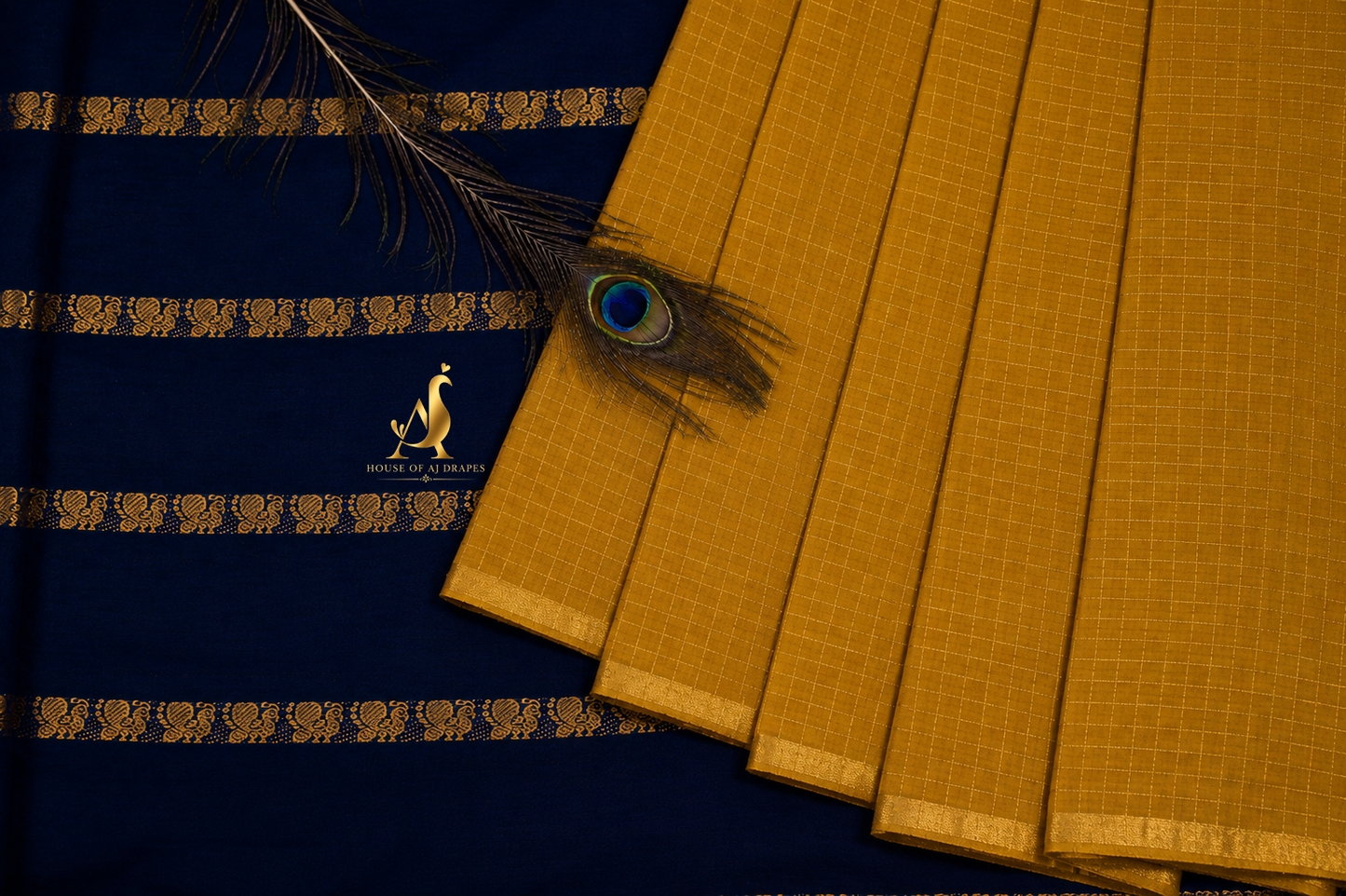 Mustard Yellow | Dark Blue - Half and Half Madurai Cotton Saree