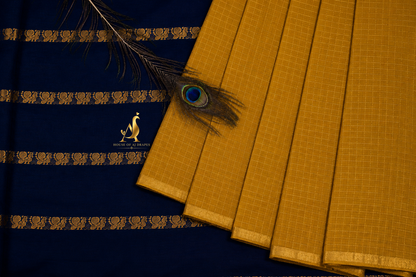 Mustard Yellow | Dark Blue - Half and Half Madurai Cotton Saree