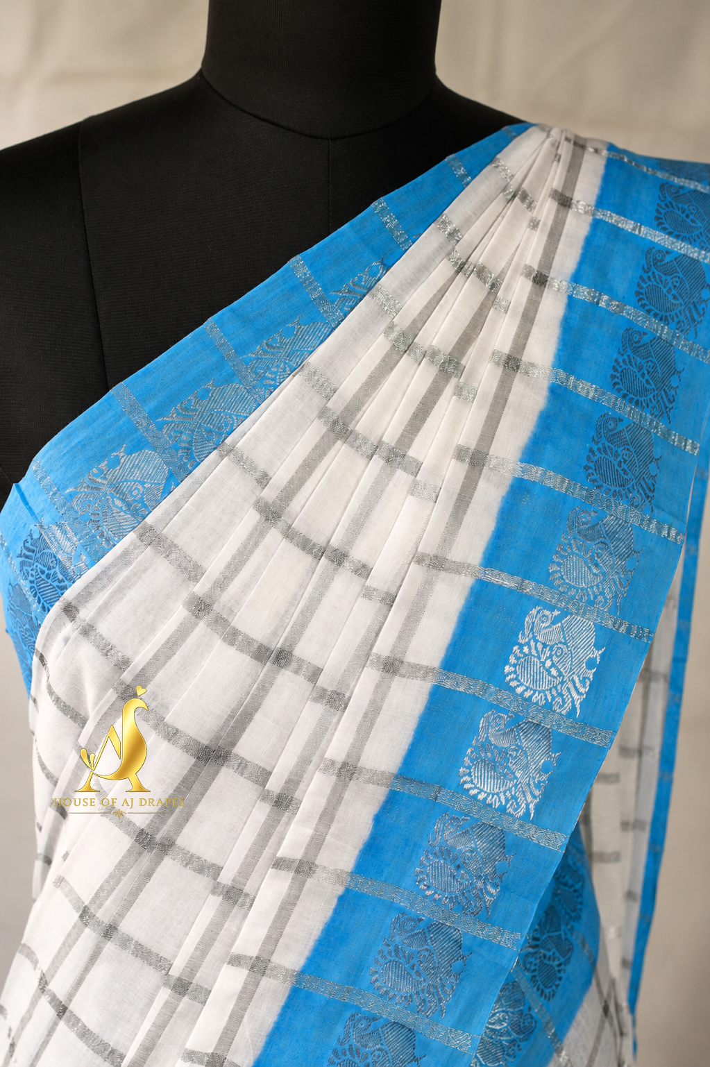 White Silver | Sky Blue - Half and Half Madurai Cotton Saree