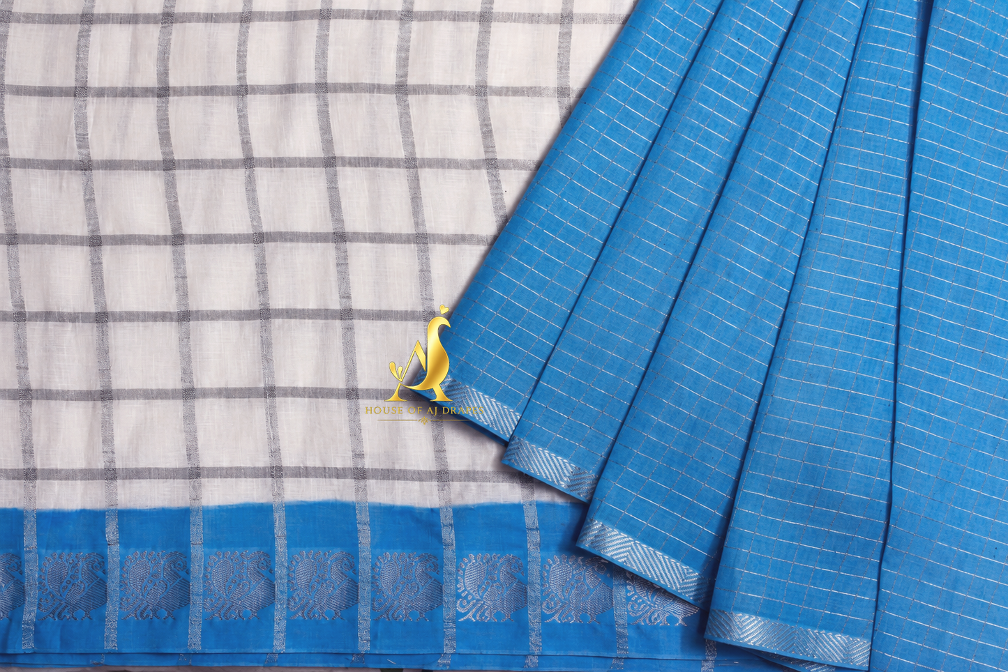 White Silver | Sky Blue - Half and Half Madurai Cotton Saree