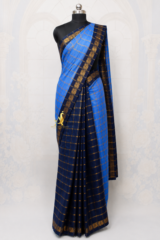 Blue | Navy Blue - Half and Half Madurai Cotton Saree