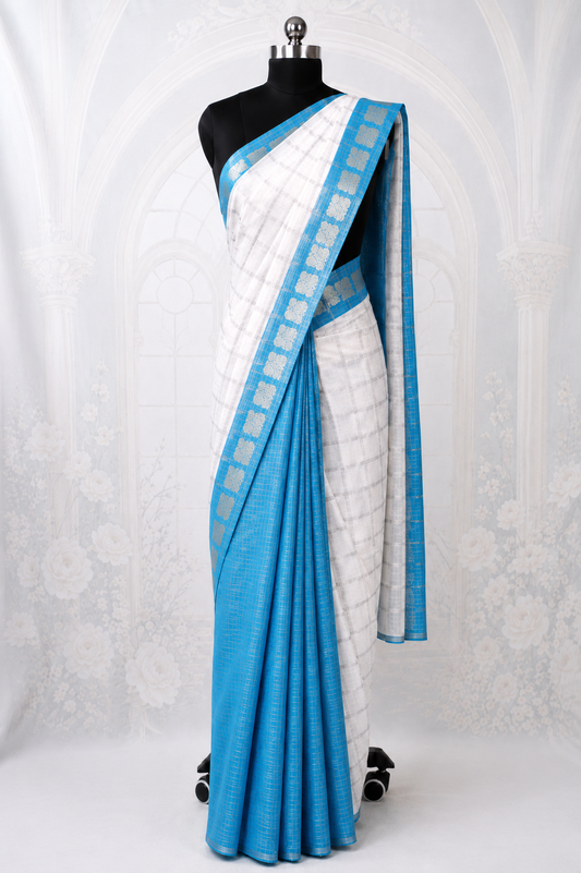 White Silver | Sky Blue - Half and Half Madurai Cotton Saree
