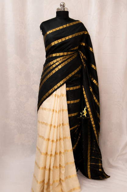 Black | Cream - Half and Half Madurai Cotton Saree
