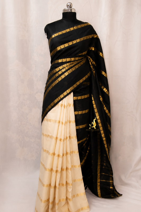 Black | Cream - Half and Half Madurai Cotton Saree