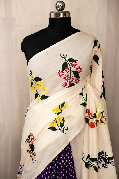 White | Purple -Half & Half Madurai Sungudi x Hand-Painted Saree