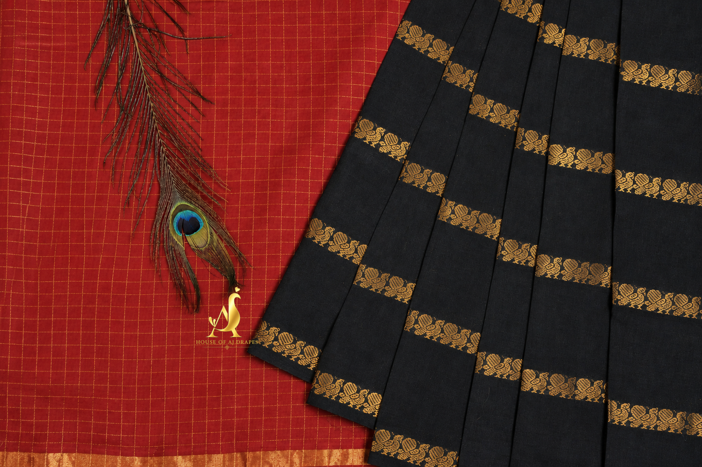 Red | Black - Half and Half Madurai Cotton Saree
