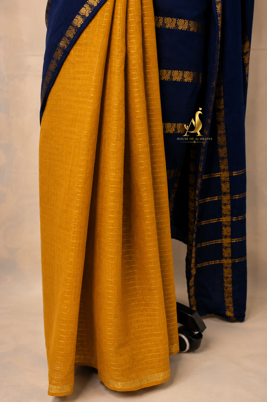 Dark Blue | Mustard Yellow - Half and Half Madurai Cotton Saree
