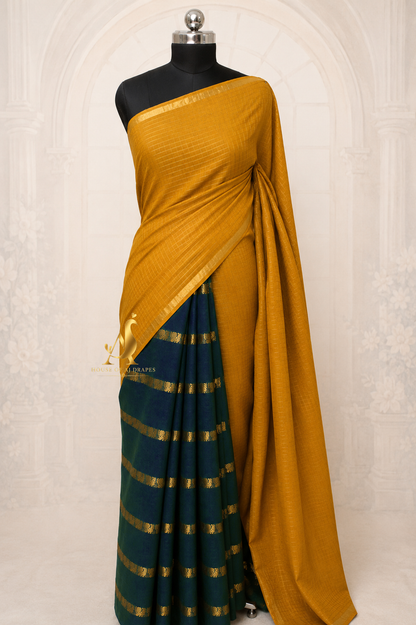 Mustard yellow | Green - Half and Half Madurai Cotton Saree