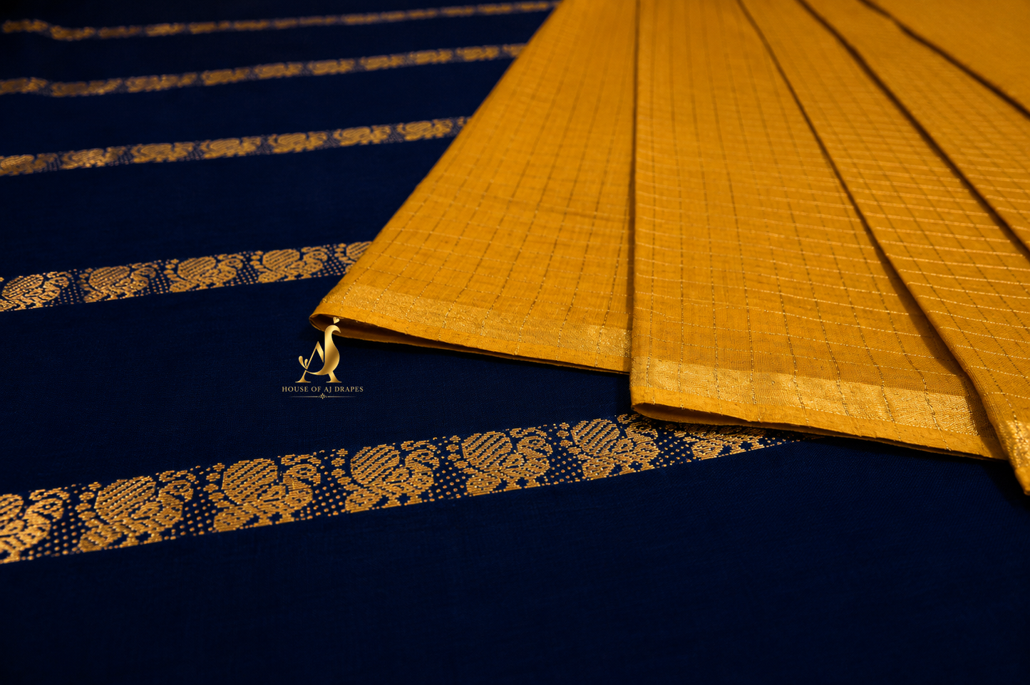Dark Blue | Mustard Yellow - Half and Half Madurai Cotton Saree