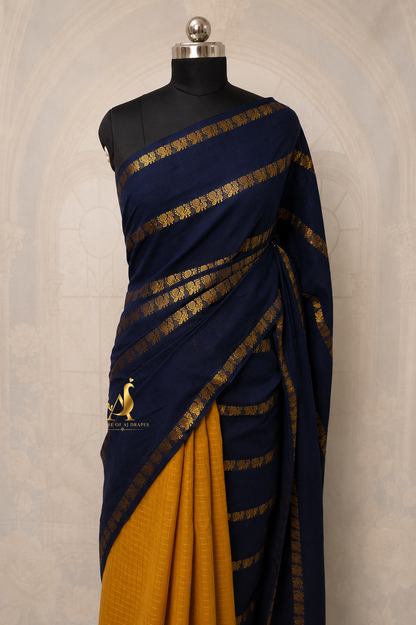 Dark Blue | Mustard Yellow - Half and Half Madurai Cotton Saree