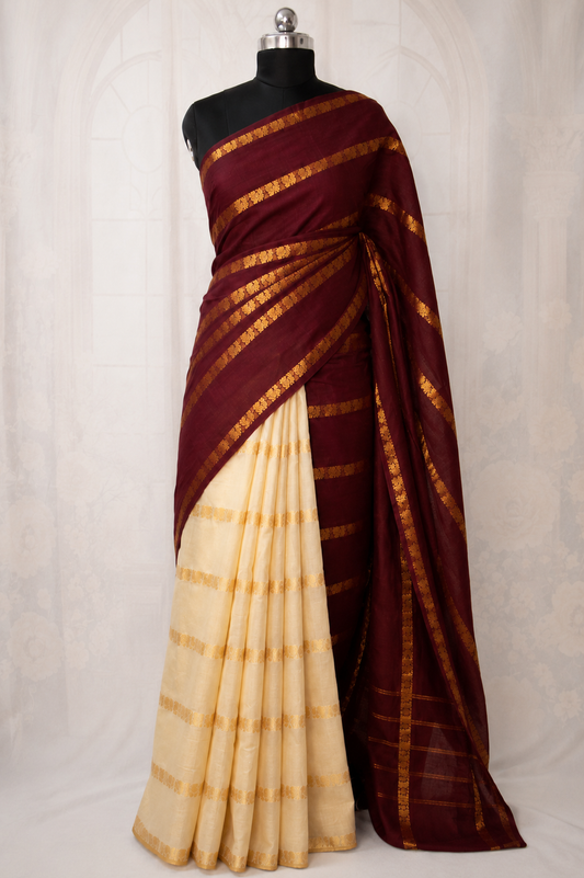 Maroon | Cream - Half and Half Madurai Cotton Saree