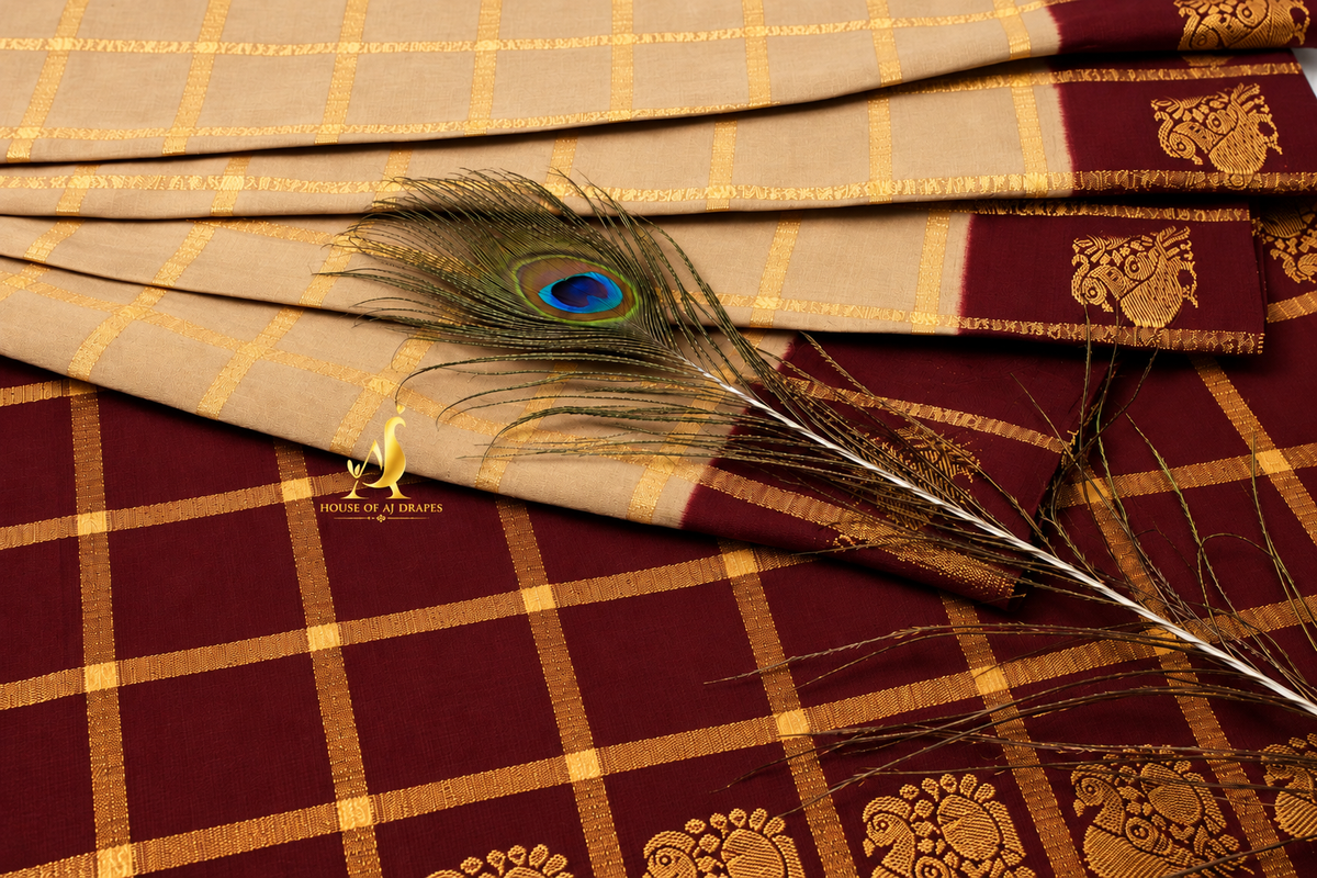 Sandal beige| Deep maroon - Half and Half cotton saree