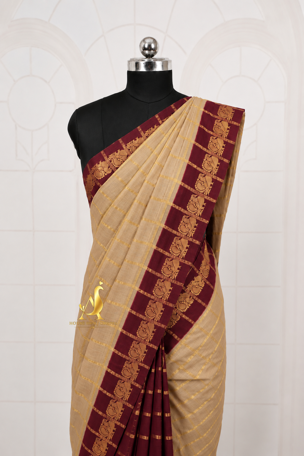 Sandal beige| Deep maroon - Half and Half cotton saree
