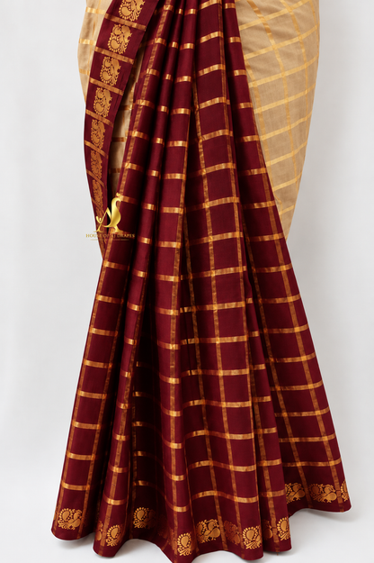Sandal beige| Deep maroon - Half and Half cotton saree