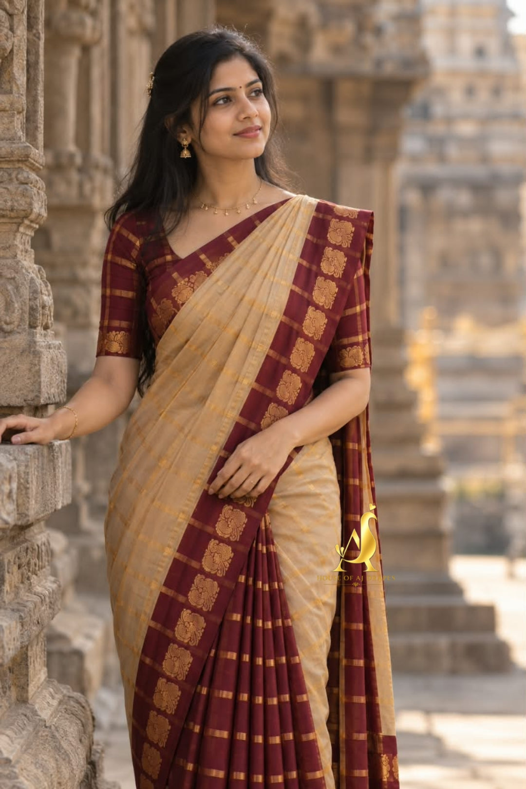 Sandal beige| Deep maroon - Half and Half cotton saree