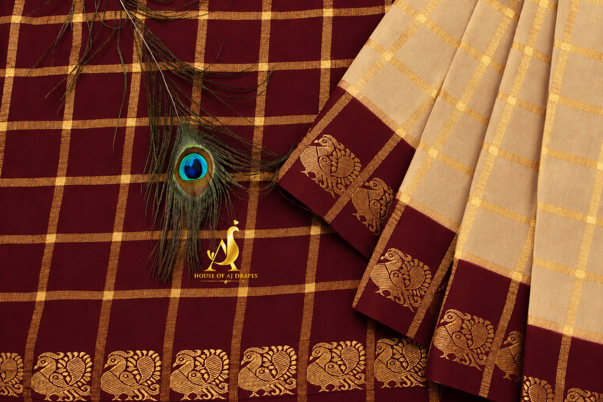 Sandal beige| Deep maroon - Half and Half cotton saree