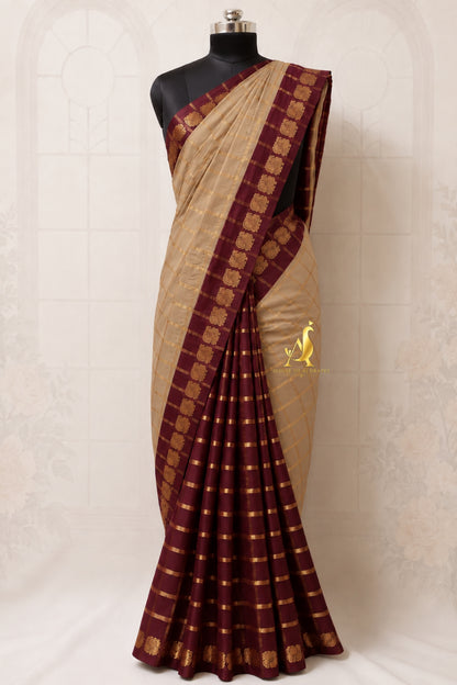 Sandal beige| Deep maroon - Half and Half cotton saree