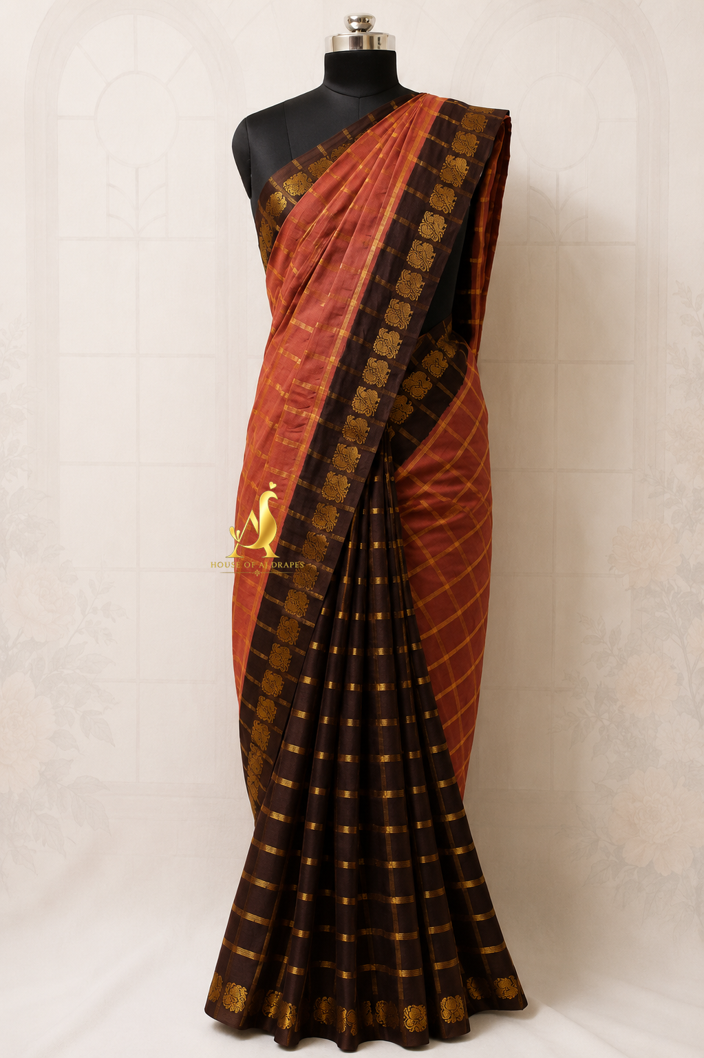 Burnt Brick | Brown - Half and Half Madurai Cotton Saree