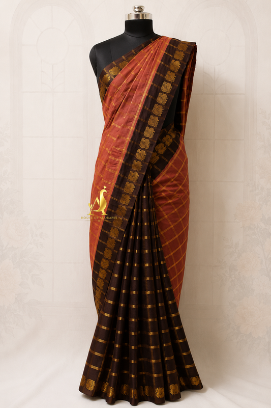Burnt Brick | Brown - Half and Half Madurai Cotton Saree